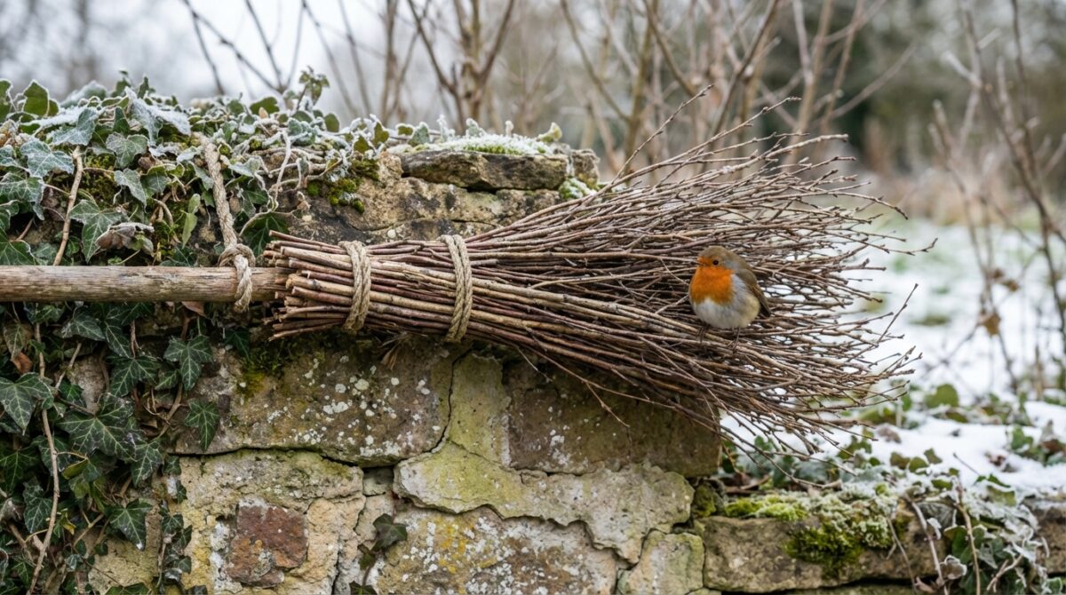 scopri la scopa di legno sospesa, un oggetto originale che attira e protegge gli uccelli durante l'inverno, un tocco insolito per il tuo giardino.