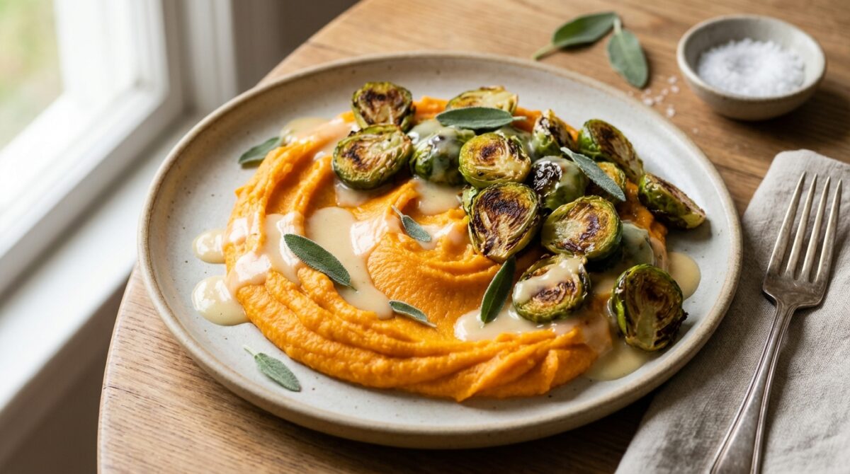 delizioso purè di patate dolci accompagnato da cavoletti di bruxelles in salsa miso, completato da una cremosa salsa besciamella, per un piatto ricco di sapori unici e avvolgenti.